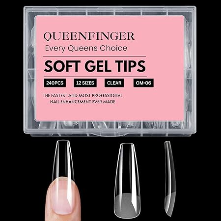GV408 QUEENFINGER 240PCS Soft Gel Nail Tips with Box – Clear Gel X Nail Tips Full Cover Fake Nails Soft Acrylic Tips for Nail Extension Manicure at Home or Salon DIY Use for Women and Girls (01)