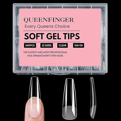 GV408 QUEENFINGER 240PCS Soft Gel Nail Tips with Box – Clear Gel X Nail Tips Full Cover Fake Nails Soft Acrylic Tips for Nail Extension Manicure at Home or Salon DIY Use for Women and Girls (01)