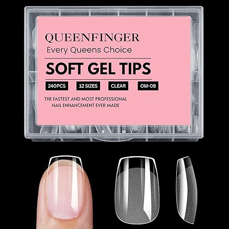 GV408 QUEENFINGER 240PCS Soft Gel Nail Tips with Box – Clear Gel X Nail Tips Full Cover Fake Nails Soft Acrylic Tips for Nail Extension Manicure at Home or Salon DIY Use for Women and Girls (01)