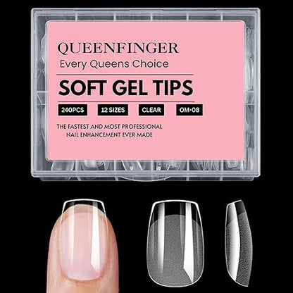 GV408 QUEENFINGER 240PCS Soft Gel Nail Tips with Box – Clear Gel X Nail Tips Full Cover Fake Nails Soft Acrylic Tips for Nail Extension Manicure at Home or Salon DIY Use for Women and Girls (01)