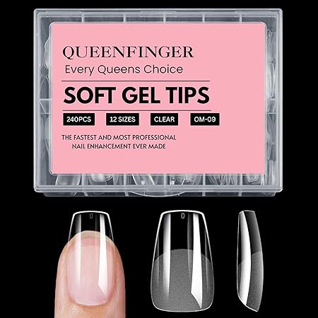 GV408 QUEENFINGER 240PCS Soft Gel Nail Tips with Box – Clear Gel X Nail Tips Full Cover Fake Nails Soft Acrylic Tips for Nail Extension Manicure at Home or Salon DIY Use for Women and Girls (01)