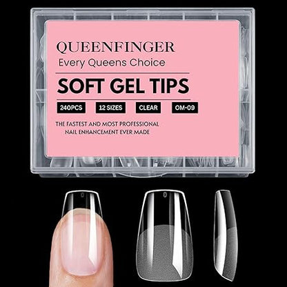 GV408 QUEENFINGER 240PCS Soft Gel Nail Tips with Box – Clear Gel X Nail Tips Full Cover Fake Nails Soft Acrylic Tips for Nail Extension Manicure at Home or Salon DIY Use for Women and Girls (01)