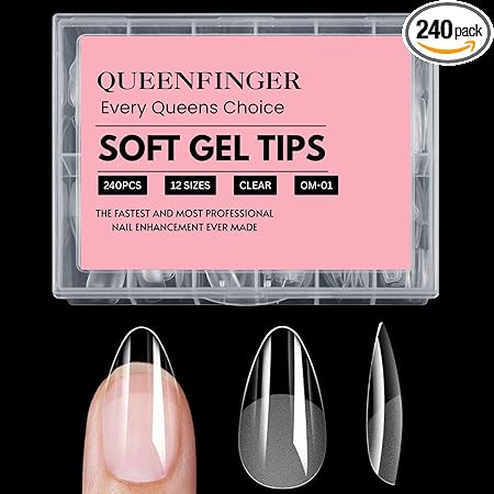 GV408 QUEENFINGER 240PCS Soft Gel Nail Tips with Box – Clear Gel X Nail Tips Full Cover Fake Nails Soft Acrylic Tips for Nail Extension Manicure at Home or Salon DIY Use for Women and Girls (01)