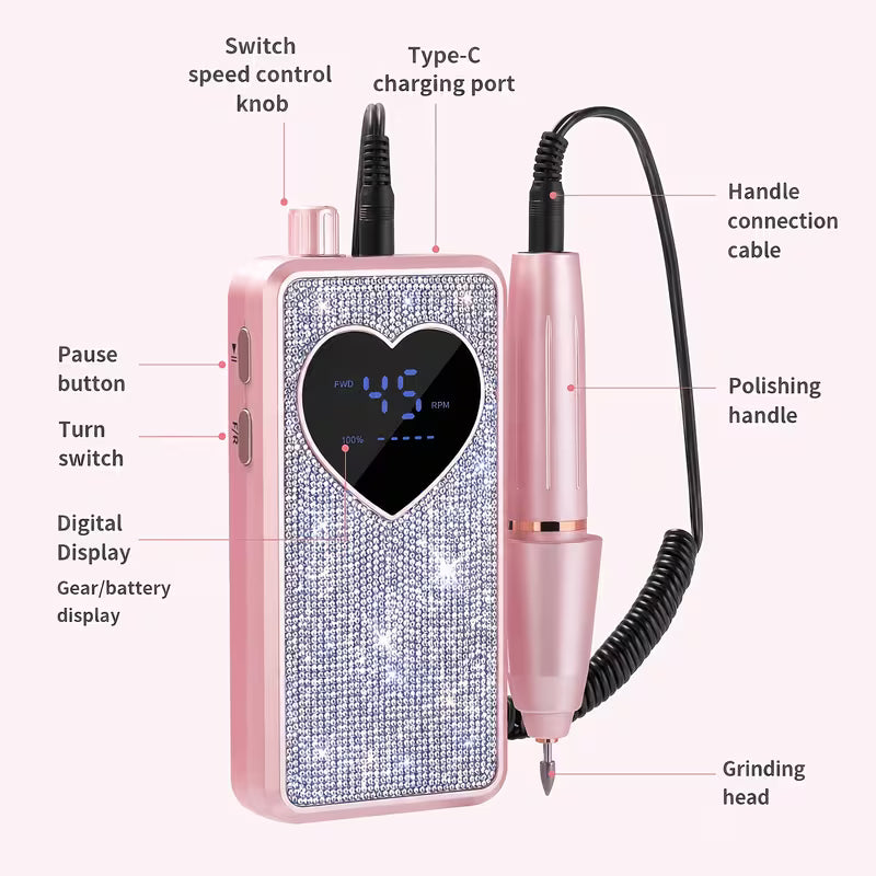 GV1165 45000 RPM Nail Drill Machine – Professional Electric Nail File with Digital Display, Pink Rhinestone Design