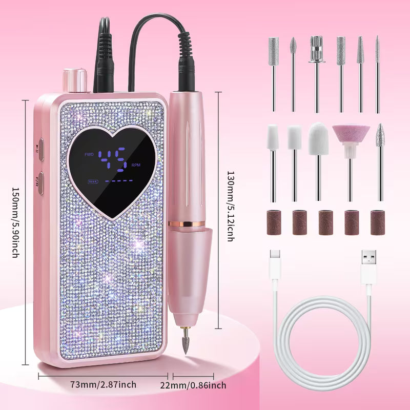 GV1165 45000 RPM Nail Drill Machine – Professional Electric Nail File with Digital Display, Pink Rhinestone Design