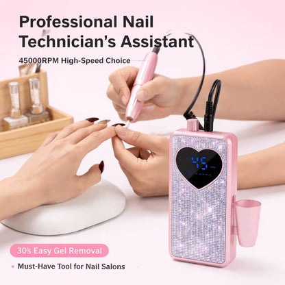 GV1165 45000 RPM Nail Drill Machine – Professional Electric Nail File with Digital Display, Pink Rhinestone Design