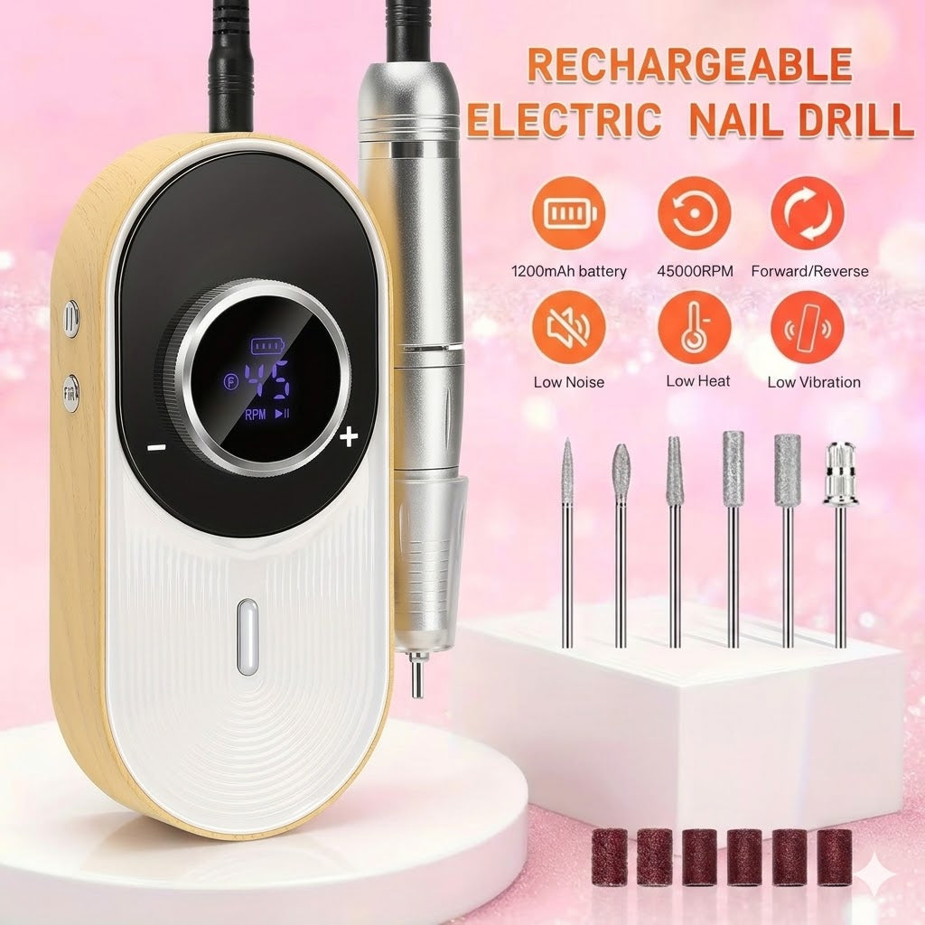 GV1097 Professional Electric Nail Drill Machine 45000 RPM – Portable Rechargeable Nail File Kit with LCD Display, E-File for Acrylic, Gel Nails & Manicure Pedicure